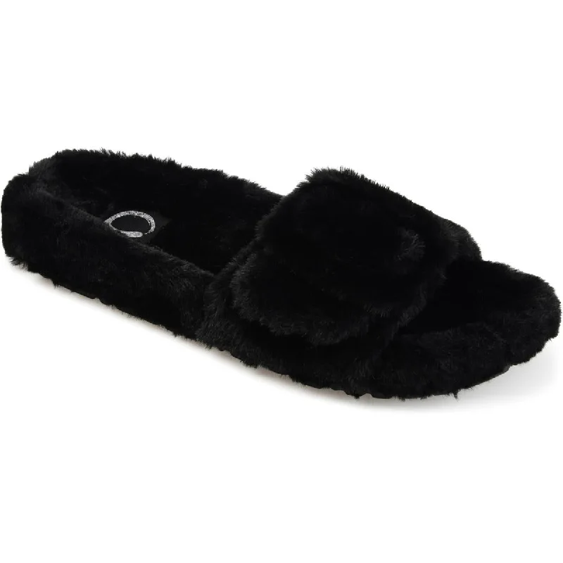 Affordable leather sandals for men-Journee Collection Womens Faux Fur Slide Slide Sandals