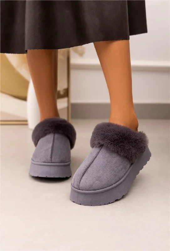 flair slippers eco-ULTRA MINI PLATFORM FLUFFY FURR ANKLE SLIPPERS IN GREY