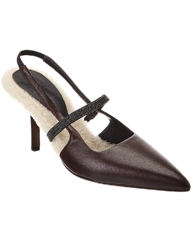 High heels for elegant night dinners -high heels with stunning details-Brunello Cucinelli Leather & Shearling Slingback Pump