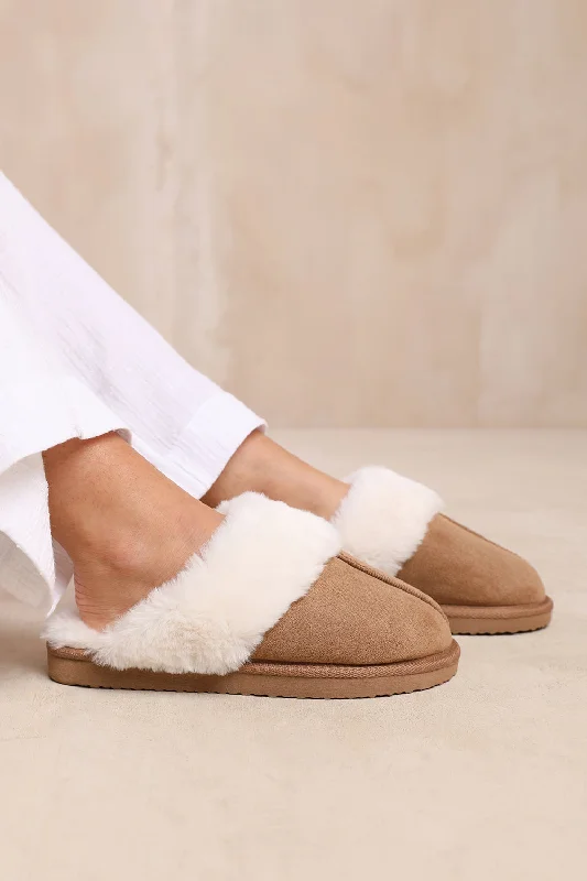 flair slippers designer-LOUNGE SLIP ON SLIPPERS WITH FUR TRIM IN CAMEL SUEDE