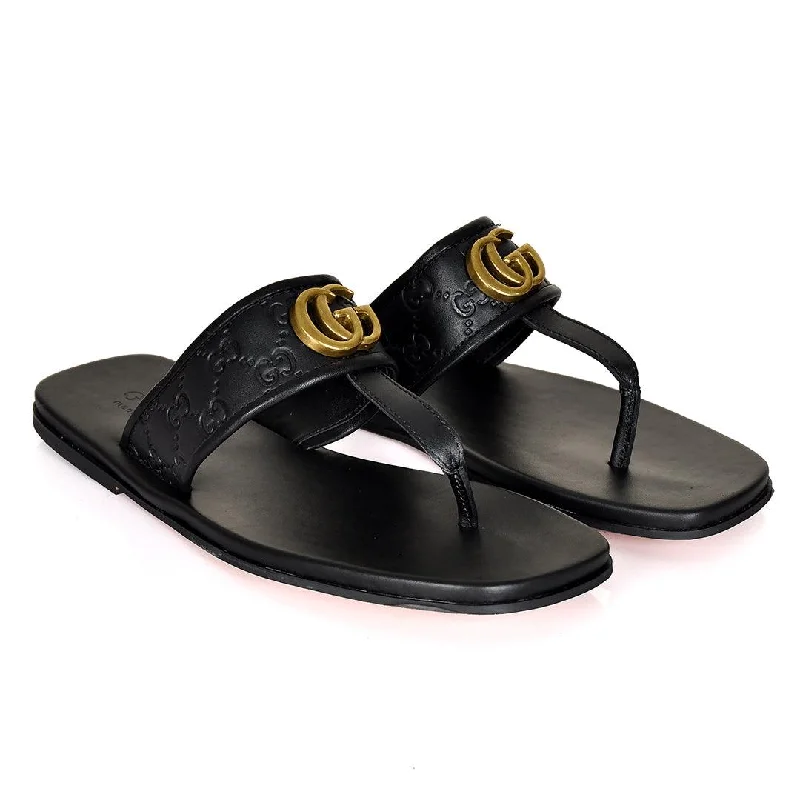 pure slippers white-GC Created Leather Gold Logo Slippers- Black