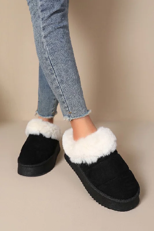 edge slippers adjustable-BLACK ULTRA MINI PLATFORM FAUX FUR LINED FLUFFY SLIPPERS