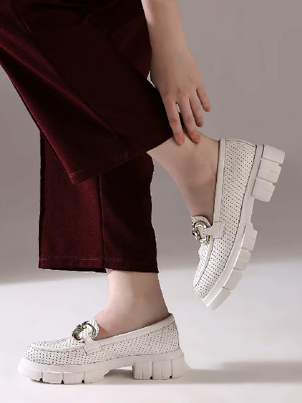 Loafers with cozy lining -Womens White Casual Solid Chunky loafers