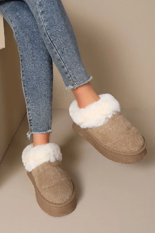 vibe slippers silver-KHAKI ULTRA MINI PLATFORM FAUX FUR LINED FLUFFY SLIPPERS