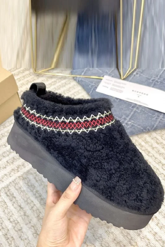 rose gold slippers sparkle-BLACK SHEARLING PLATFORM SLIPPERS AZTEC FAUX FUR LINED ANKLE BOOTS