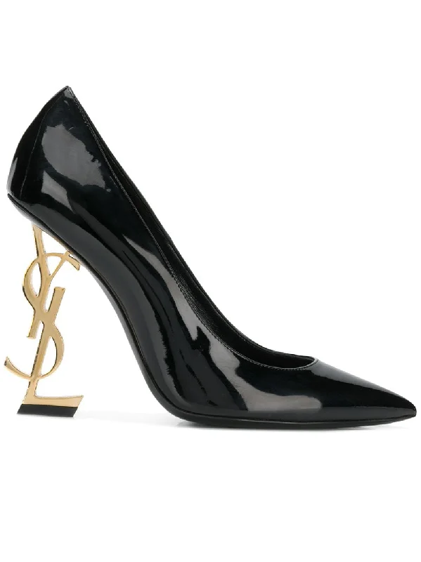 Elegant high heels for black-tie occasions -high heels with designer touch-SAINT LAURENT Patent Leather Pumps with Monogram Heel