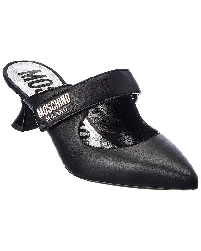 High heels with grippy textures -comfortable high heels with platform-Moschino Logo Leather Pump