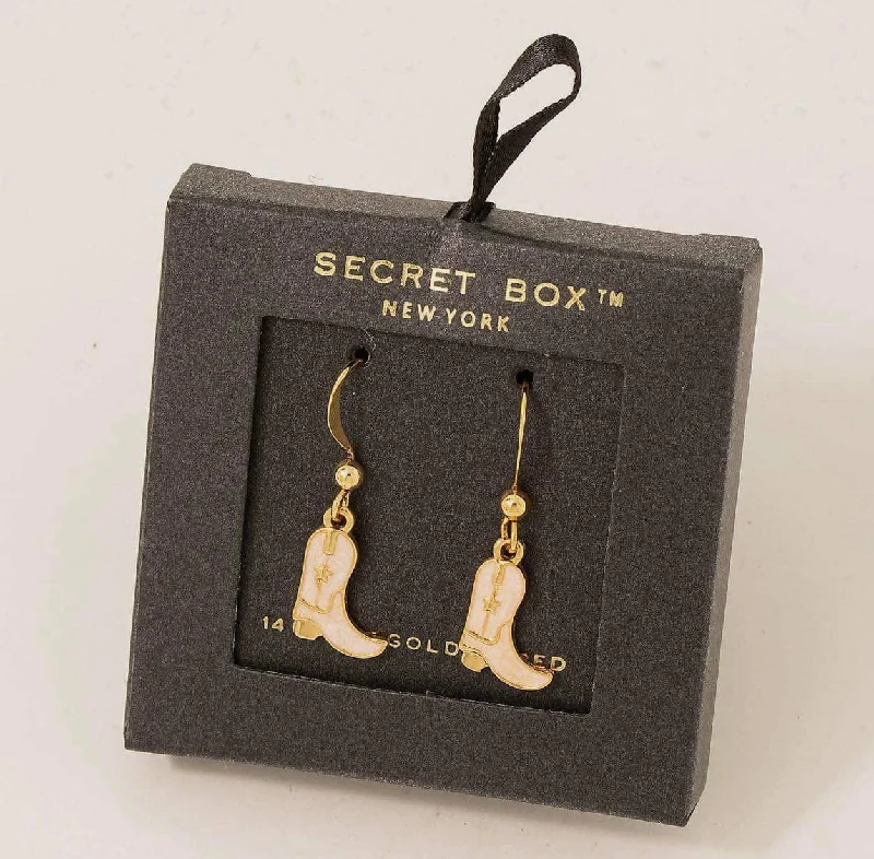 Stylish chelsea boots for teens-Jewelry - Secret Box Painted Cowboy Boot Earrings