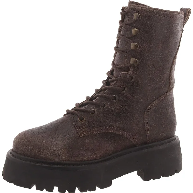 Affordable leather work boots-Steve Madden Womens Rowen Leather Ankle Combat & Lace-Up Boots