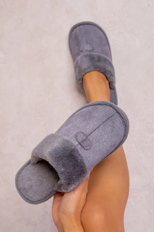 charm slippers pink-FELICITY SLIP ON TEDDY FAUX FUR LINED SLIPPERS IN GREY SUEDE