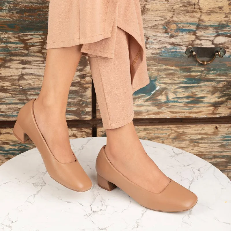 High heels with reflective accents -high heels with pointed tip-Tresmode Riyan Camel Women's Casual Block Heel Pumps