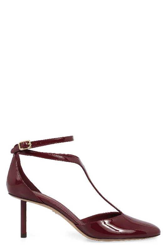 High heels for outdoor wedding venues -high heels with unique embellishments-Ferragamo Patent Leather T-Strap Pumps with Adjustable Ankle Strap