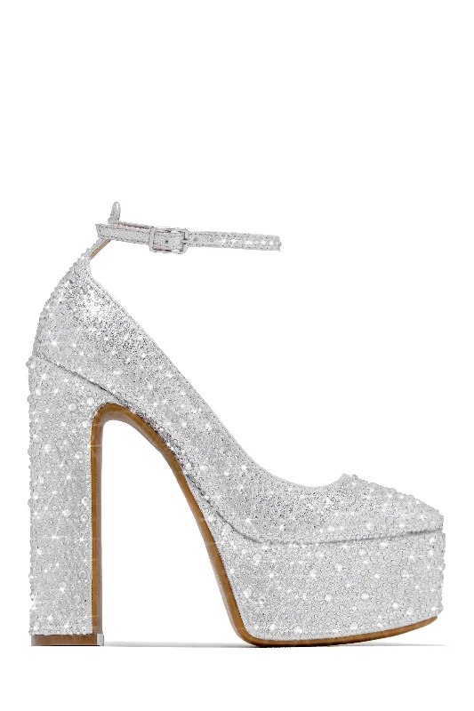 High heels with breathable linings -high heels for weekend gatherings-Amarya Embellished Platform Block High Heels - Silver