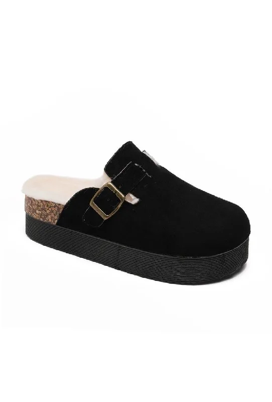 flair slippers casual-BLACK CHUNKY FLUFFY INSOLE FLATFORM FAUX SUEDE SLIPPERS WITH BUCKLE