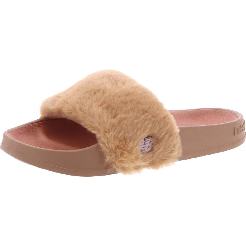 Fashionable sandals for warm nights-New Balance Womens 200 Fuzzies Faux Fur Footbed Slide Sandals