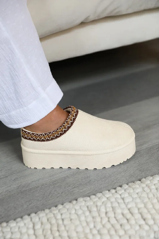 charm slippers support-ALLEGRA FLATFORM EMBROIDERED LOW ANKLE SLIPPER BOOTS IN CREAM SUEDE