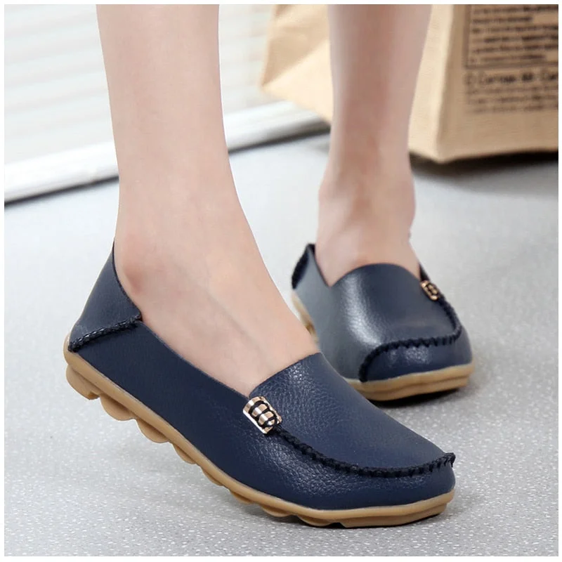 Classic loafers with gold trim -Fashion Genuine Leather Women Flats Casual Flat Women Loafers