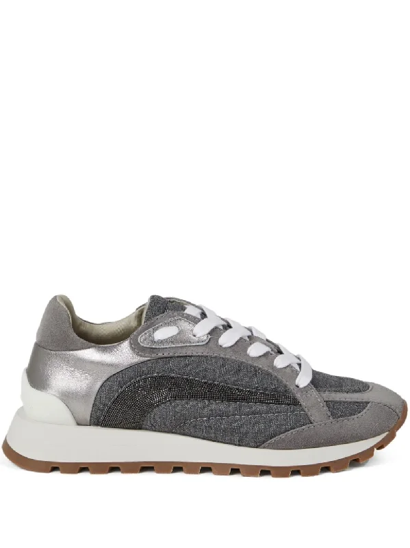 Athletic shoes with retro-inspired designs -BRUNELLO CUCINELLI Chic Medium Grey Sneakers with Monili Chain Detailing