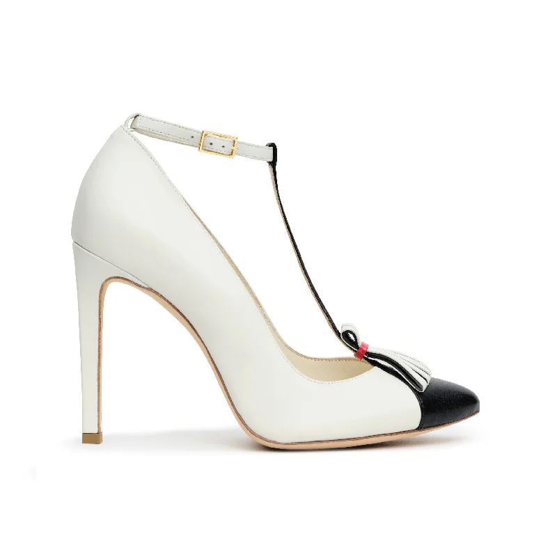 High heels for casual night dinners -high heels with transparent heel-Tamron Ankle Strap Pumps in Ivory Black & Red