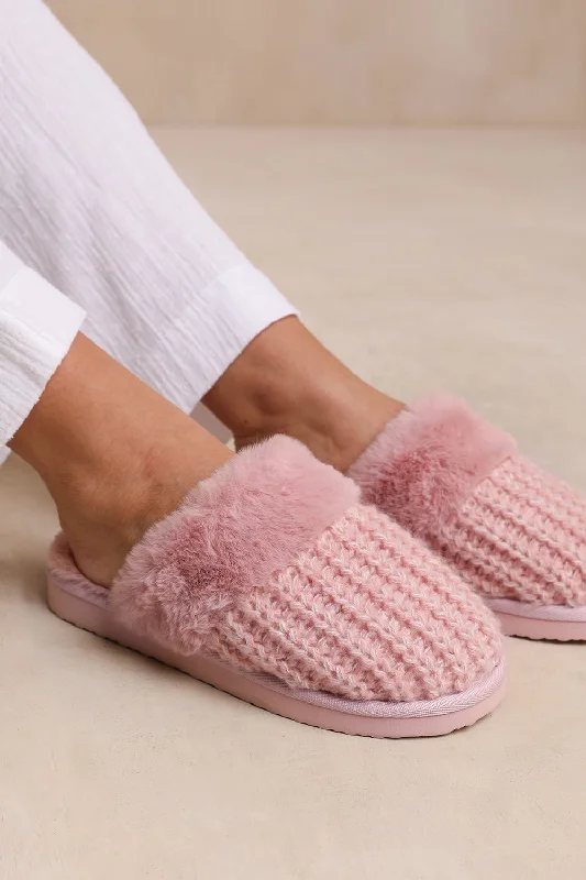 vibe slippers handmade-COMFORT SLIP ON KNITTED SLIPPERS WITH FUR TRIM IN LIGHT PINK YARN