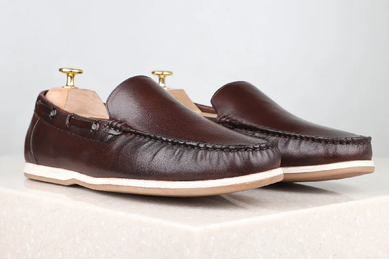 Loafers with deep padding -Atesber Coffee Brown Solid Loafers For Men