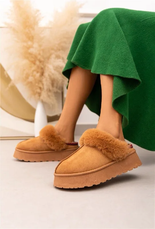 edge slippers white-ULTRA MINI PLATFORM FLUFFY FURR ANKLE SLIPPERS IN CAMEL