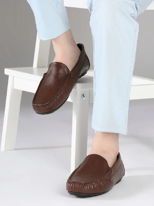 Loafers for misty mornings -Men Tan Textured Leather Slip-Ons Loafers