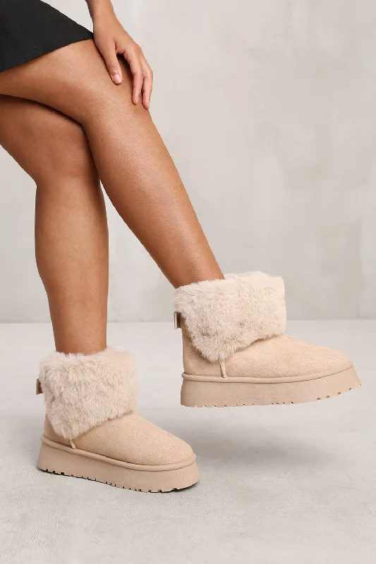 vibe slippers handmade-CLARA ANKLE SLIPPER BOOT WITH FAUX FUR LINING AND TRIM IN BEIGE