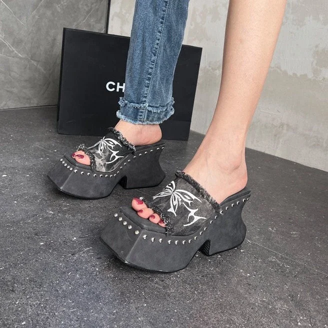 comfy slippers for lounging-Stylish Platform Slides for Women, High Heel Pumps, Black Denim Rivet Heels, Peep Toe Square Head High Heels, Square Toe Platform Slippers