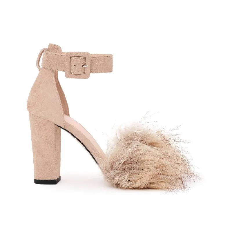 High heels with supportive comfort -high heels for women with narrow feet-Naomi Suede Block Heel Pumps with Faux Fur in Taupe