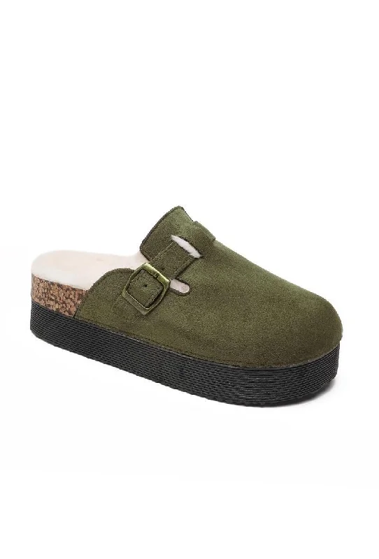 edge slippers premium-GREEN CHUNKY FLUFFY INSOLE FLATFORM FAUX SUEDE SLIPPERS WITH BUCKLE