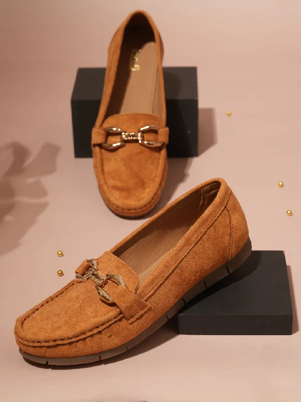 Loafers with fun colors -Women Tan Suede Buckled Loafers