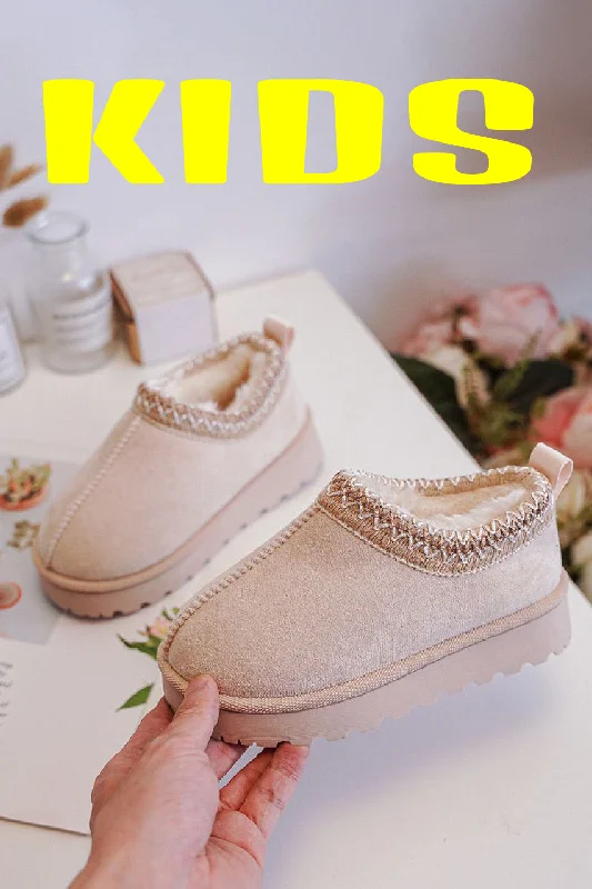 kick slippers red-KIDS BEIGE EMBROIDED FLUFFY FAUX FUR PLATFORM SLIPPERS 31/36