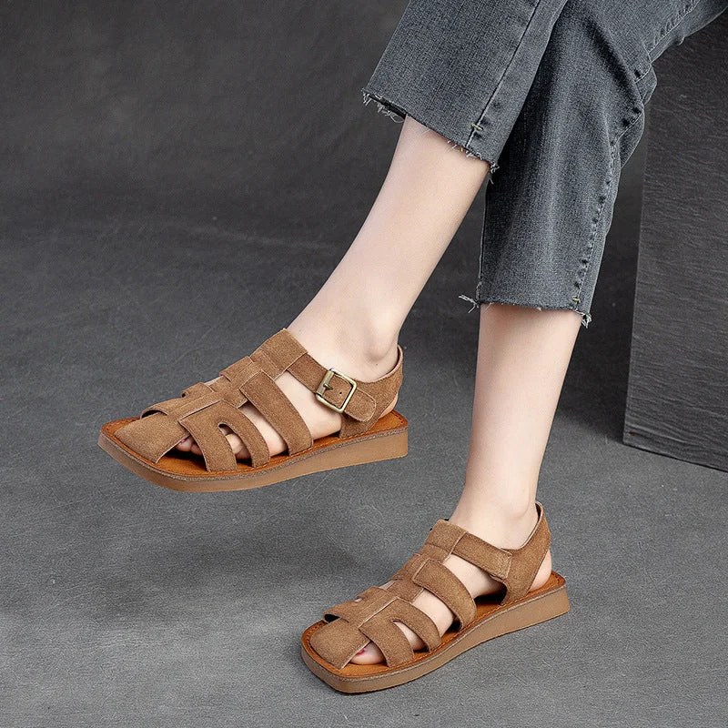 Trendy sandals for outdoor vibes-Women Summer Leather Flat Casual Sandals