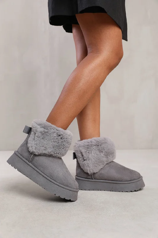 vibe slippers vegan-CLARA ANKLE SLIPPER BOOT WITH FAUX FUR LINING AND TRIM IN GREY