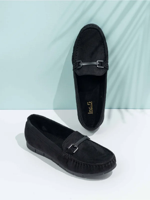 Slip-on loafers for easy wear -Womens Black Casual Solid Square Toe Loafers