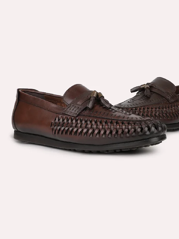 Loafers for business casual -Men Dark Brown Textured Tassel Casual Slip-Ons Loafers