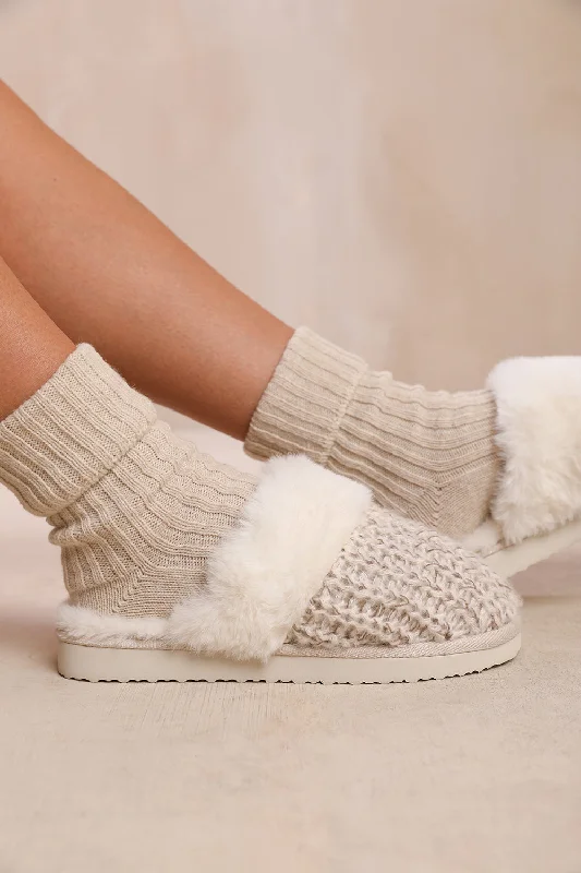 flair slippers bold-COMFORT SLIP ON KNITTED SLIPPERS WITH FUR TRIM IN WHITE GREY YARN