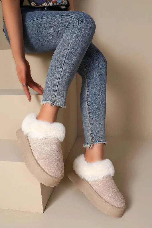 glow slippers soft-BEIGE ULTRA MINI PLATFORM FAUX FUR LINED FLUFFY SLIPPERS