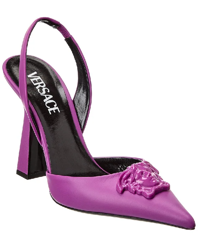 High heels with modern footbeds -high heels with glitter finish-Versace La Medusa Leather Slingback Pump