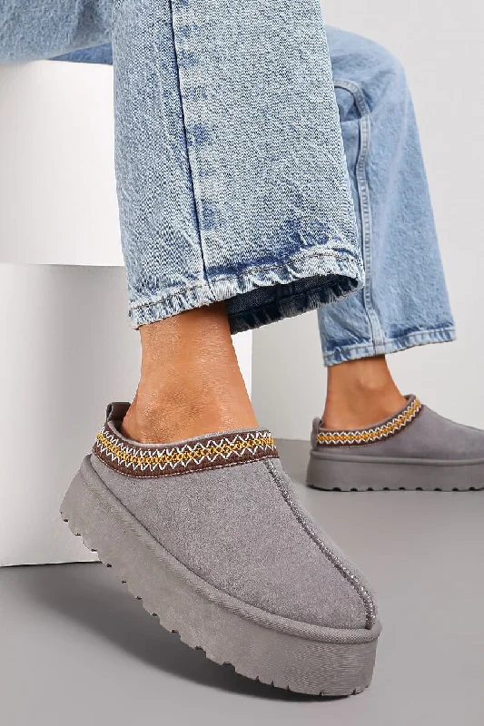 vibe slippers bold-GREY EMBROIDED FLUFFY PLATFORM SLIPPERS AZTEC DETAIL FAUX FUR LINED ANKLE BOOTS