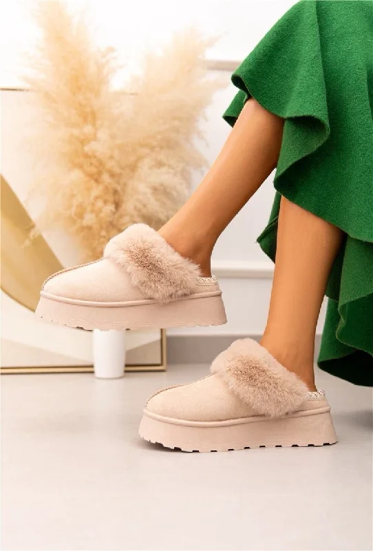 charm slippers silver-ULTRA MINI PLATFORM FLUFFY FURR ANKLE SLIPPERS IN BEIGE