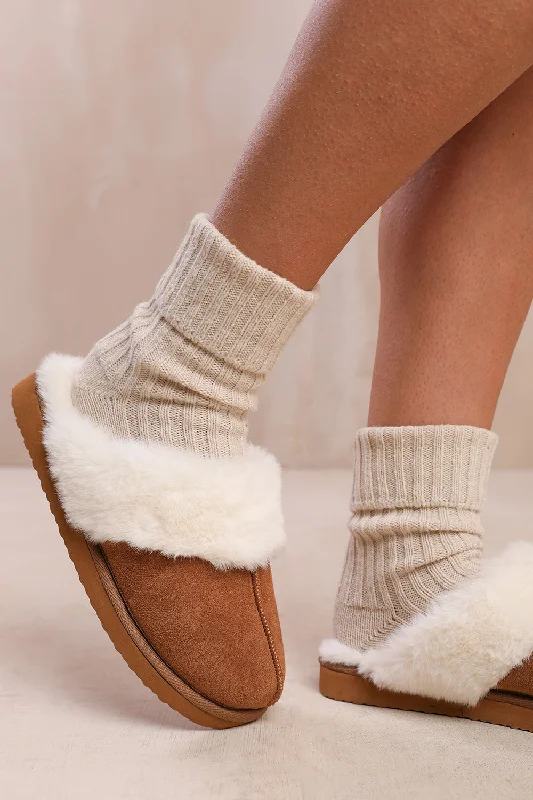 edge slippers eco-LOUNGE SLIP ON SLIPPERS WITH FUR TRIM IN CHESTNUT SUEDE