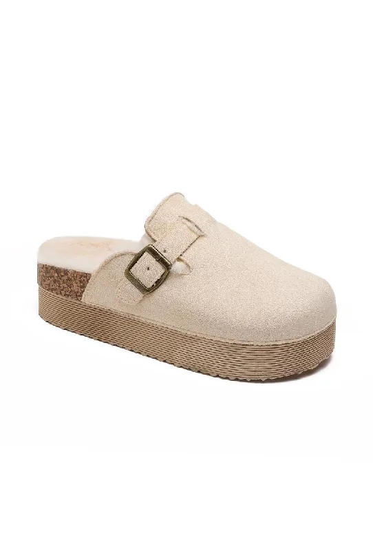 vibe slippers classic-BEIGE CHUNKY FLUFFY INSOLE FLATFORM FAUX SUEDE SLIPPERS WITH BUCKLE