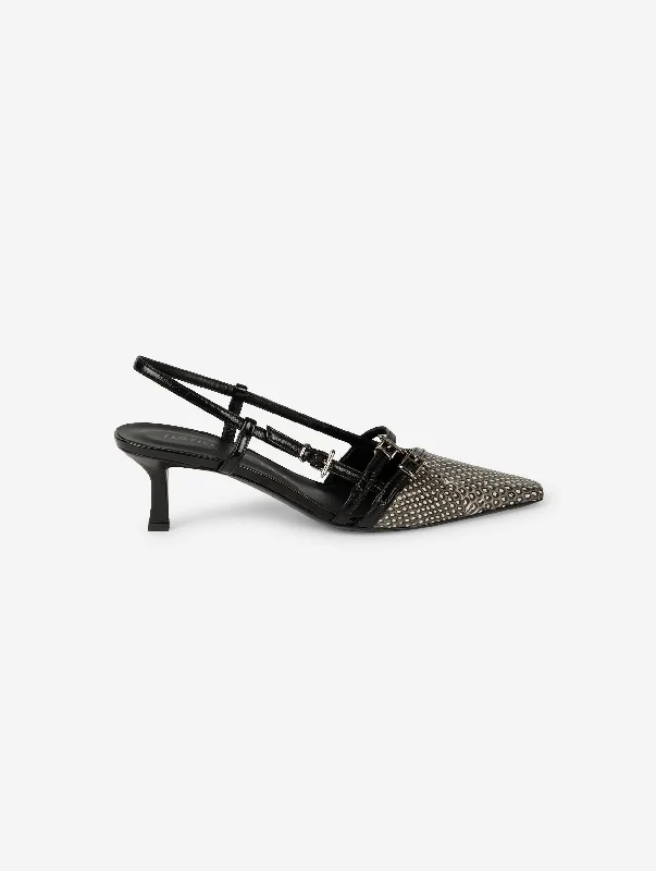 High heels with breathable comfort -high heels with pointed heels-Black patent and ivory and black reptile slingback pumps