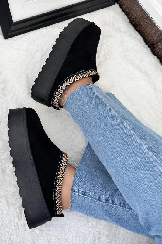 charm slippers adjustable-BLACK EMBROIDED FLUFFY PLATFORM SLIPPERS AZTEC DETAIL FAUX FUR LINED ANKLE BOOTS