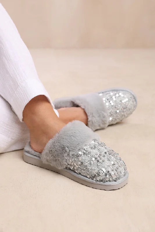 charm slippers pink-COZY SLIP ON SEQUIN SLIPPERS WITH FUR TRIM IN GREY