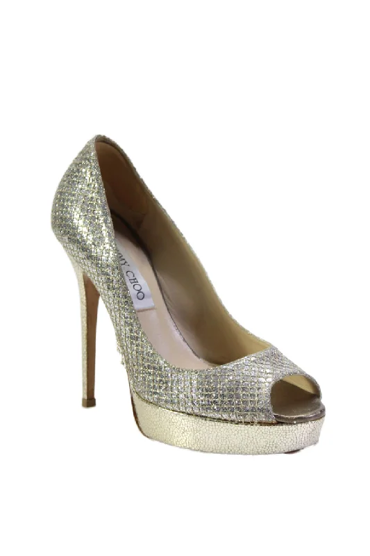 High heels for casual dinner dates -high heels for professional appearance-Jimmy Choo Womens Peep Toe Platform Pumps Silver Metallic Gold