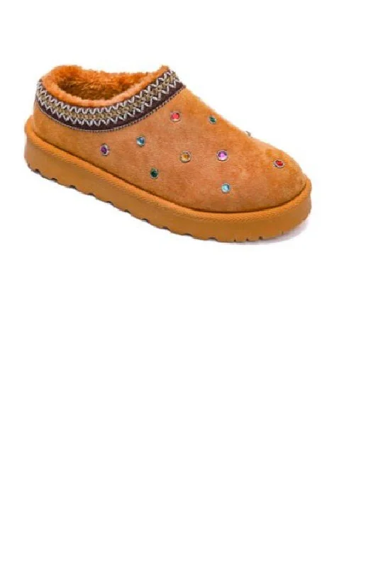 flair slippers support-CAMEL FAUX SUEDE JEWEL & STUD EMBROIDERED CLASSIC COZY SLIPPERS BOOTS