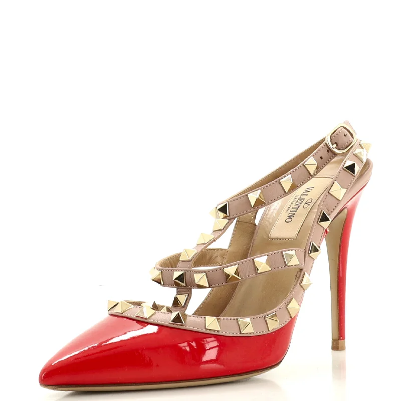 High heels for outdoor cocktail nights -high heels with metallic finish-Women's Rockstud Ankle Strap Pumps Patent 100